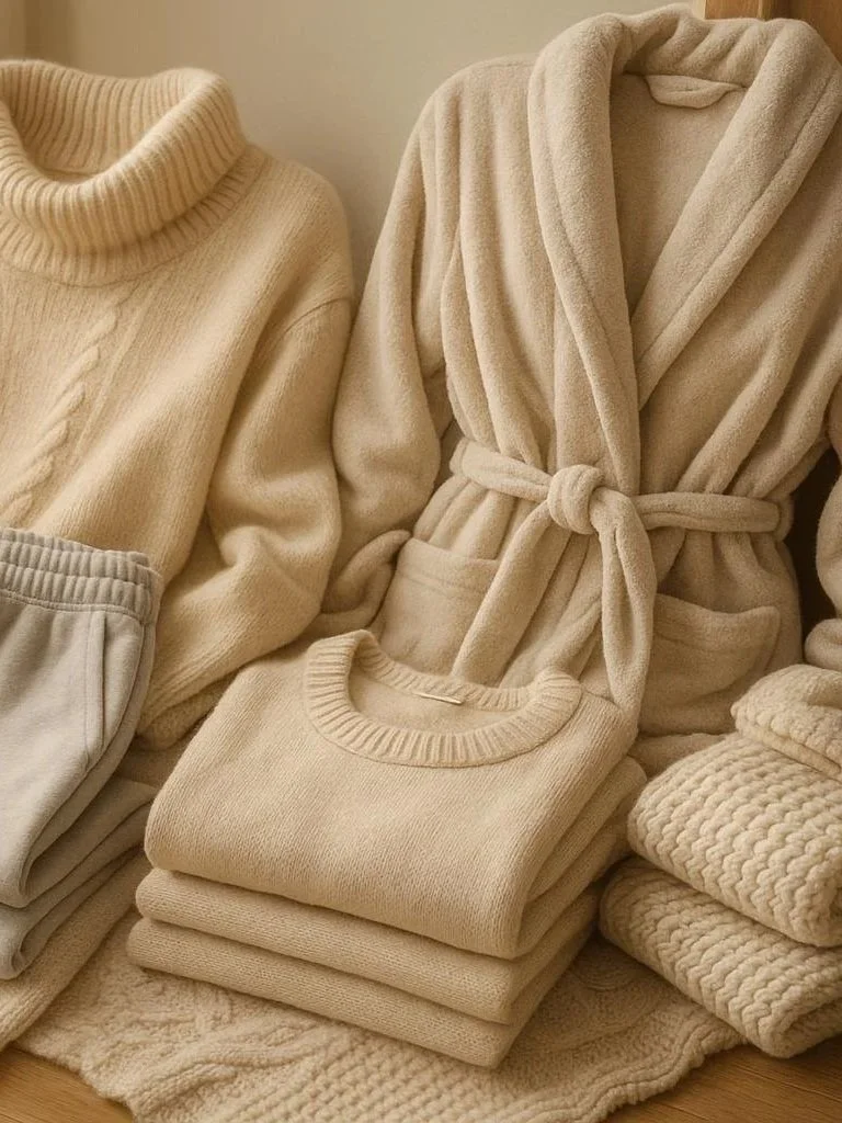 A collection of cream-colored, cozy winter clothing and accessories including sweaters, a robe, pants, and folded blankets displayed together.