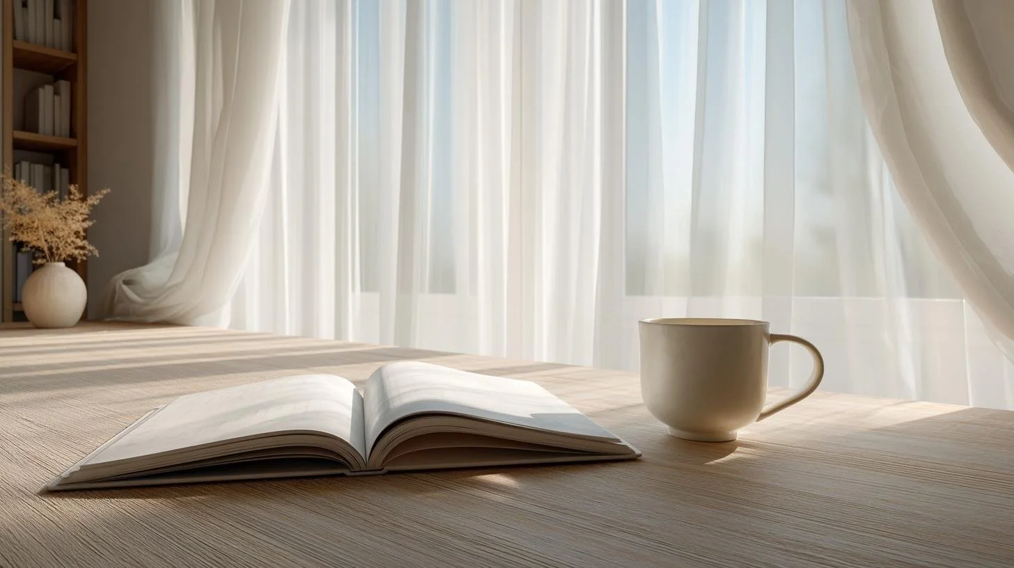 Open book and white coffee mug on a wooden table near a window with sheer curtains, in a bright cozy room with a bookshelf and vase with dried flowers.