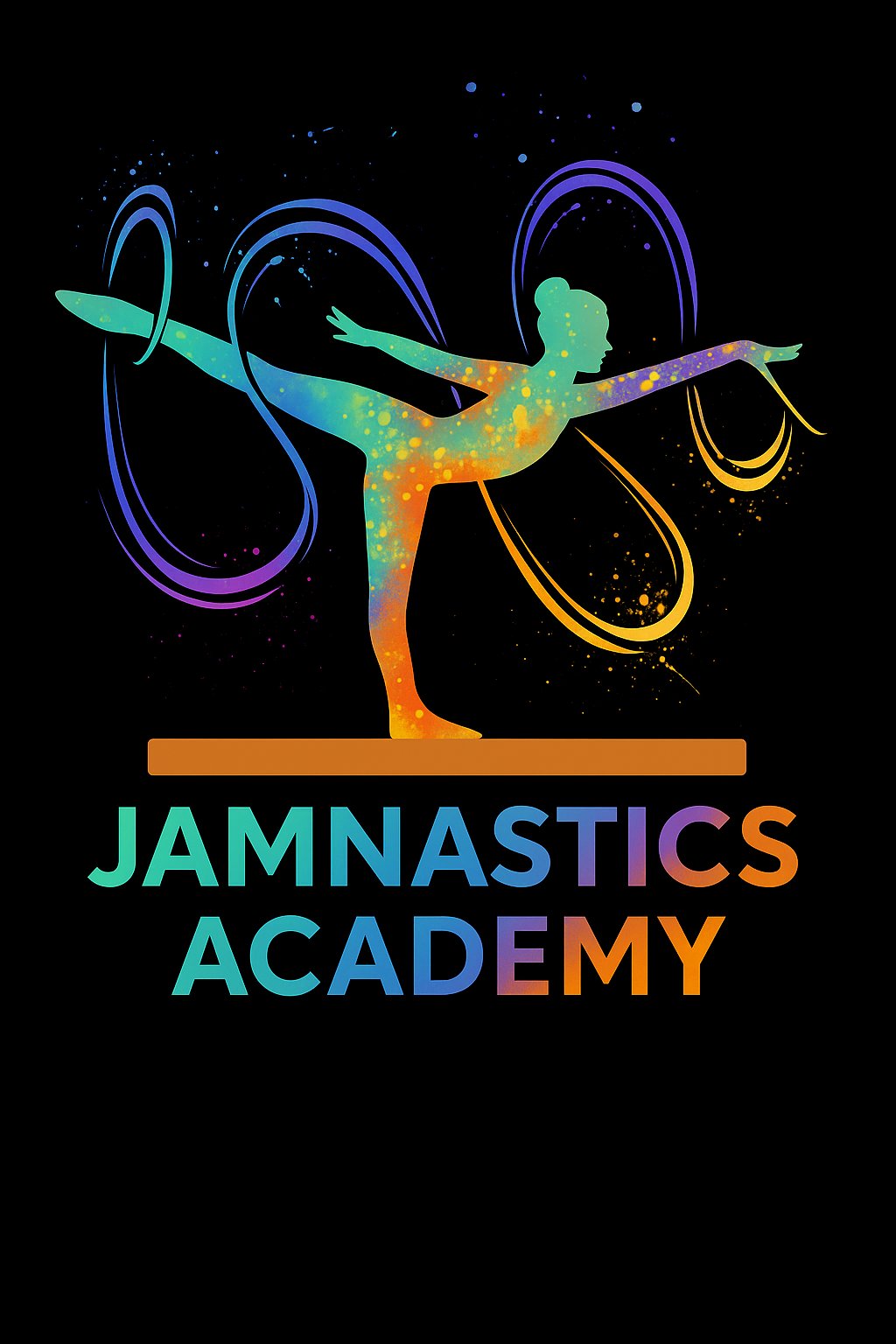 Colorful digital illustration of a gymnast in a pose, with the words 'JAMNASTICS ACADEMY' below.