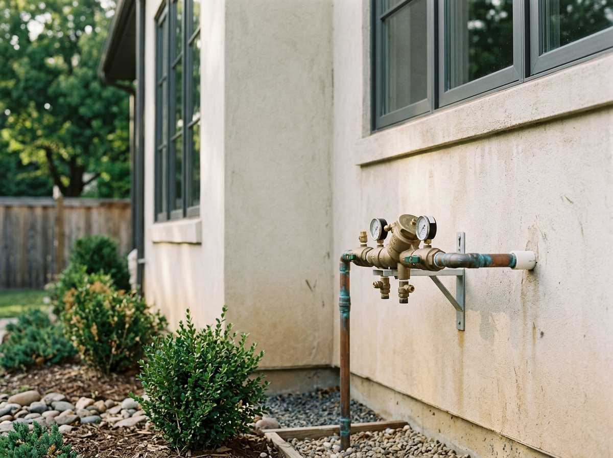 An outdoor irrigation Backflow in back yard of house
