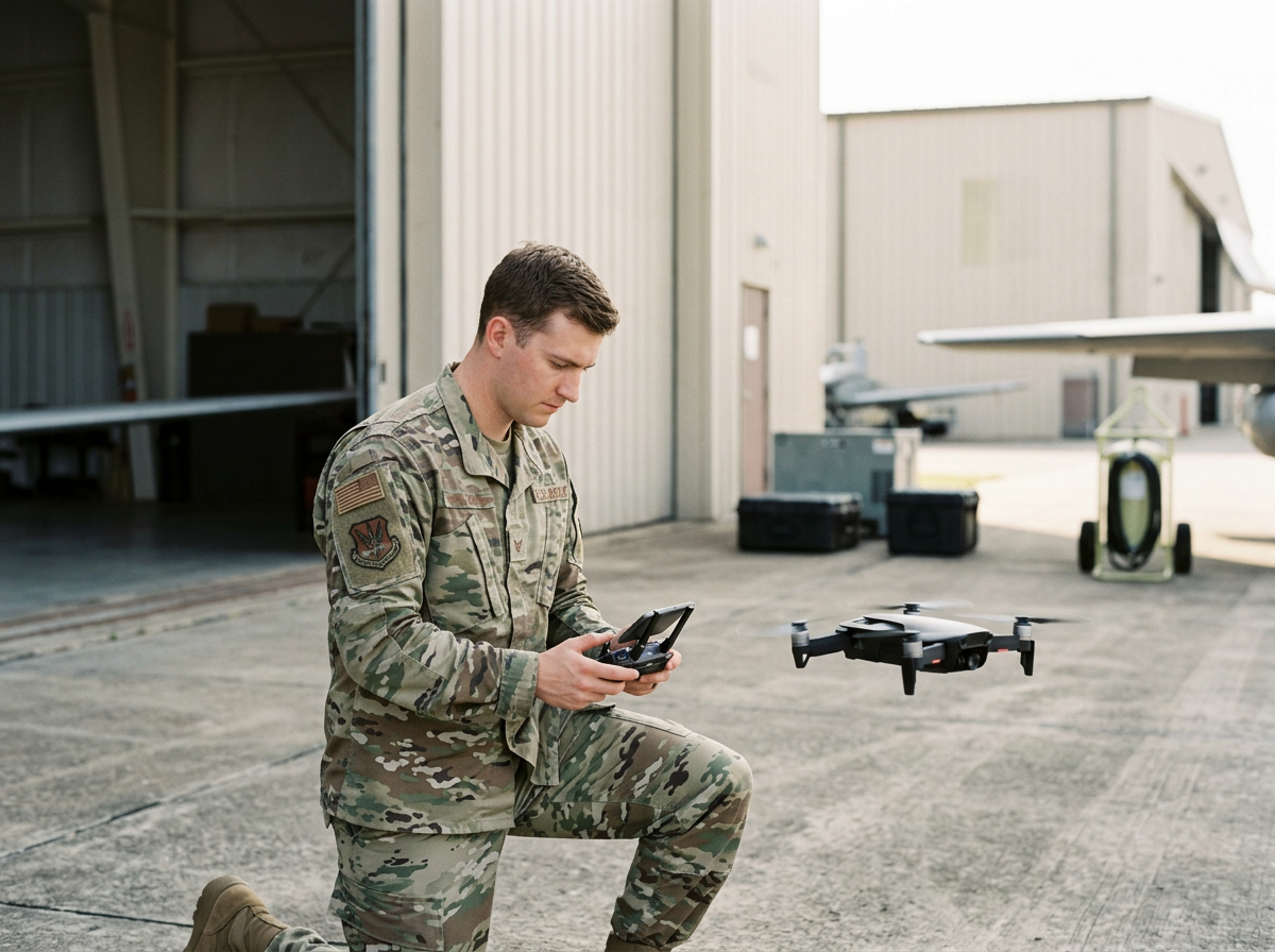 Military personnel in camouflage uniform stands on an airfield, focusing on a drone flying nearby while holding a remote control.