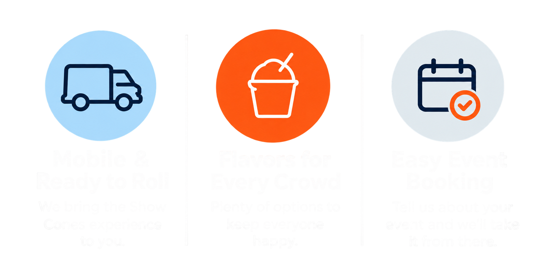 A three-step process guide: 1) A blue truck icon with the text 'Move to Reduce' below, encouraging carrying less for convenience. 2) An orange ice cream icon with the text 'Enjoy Flavors for' and part of the phrase 'keep everyone happy.' 3) A white calendar icon with a checkmark, with the text 'Enjoy' and a note about taking the event from there.