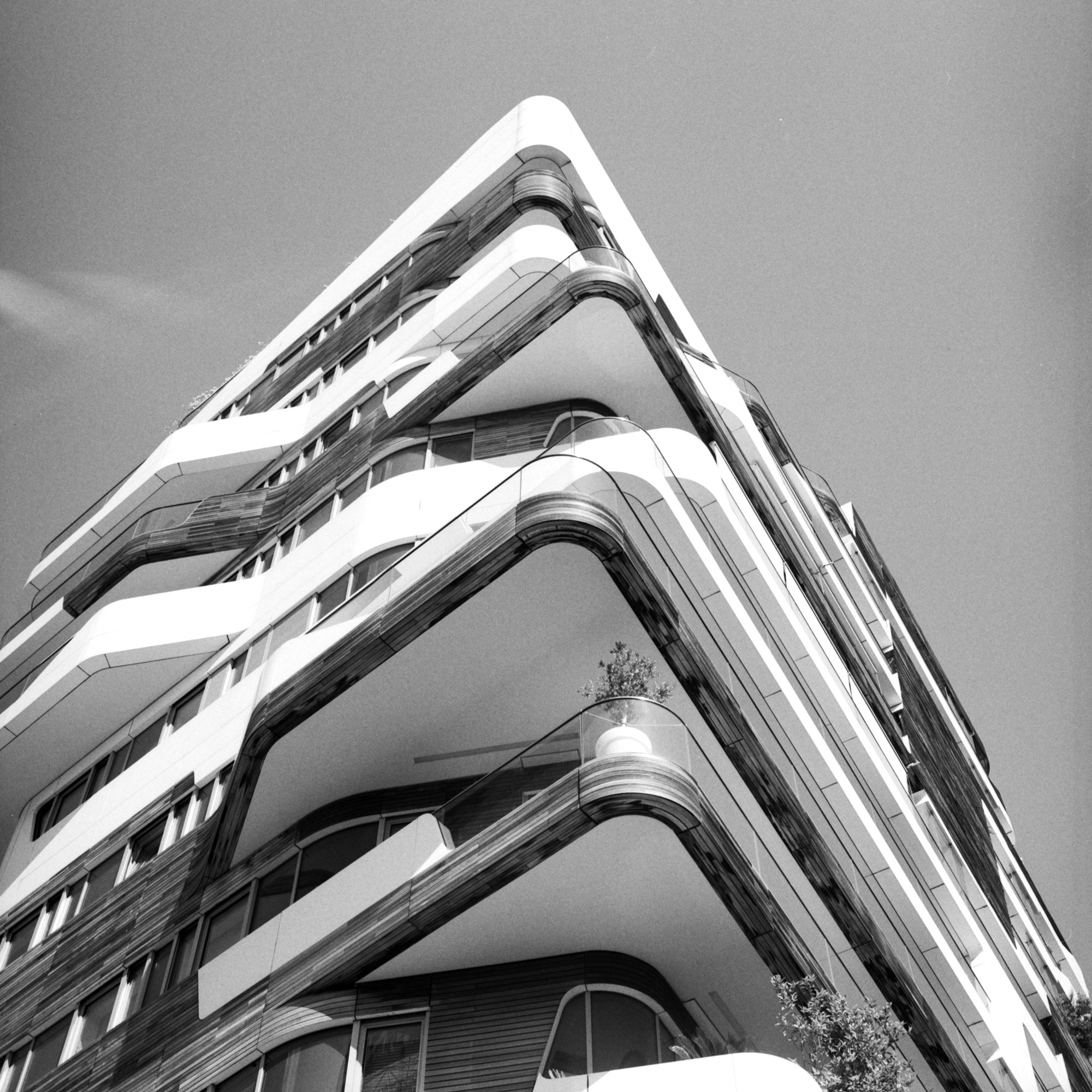 Black and white photo of a modern multi-story building with curved balconies and large glass windows, viewed from below with some tree foliage visible at the bottom.