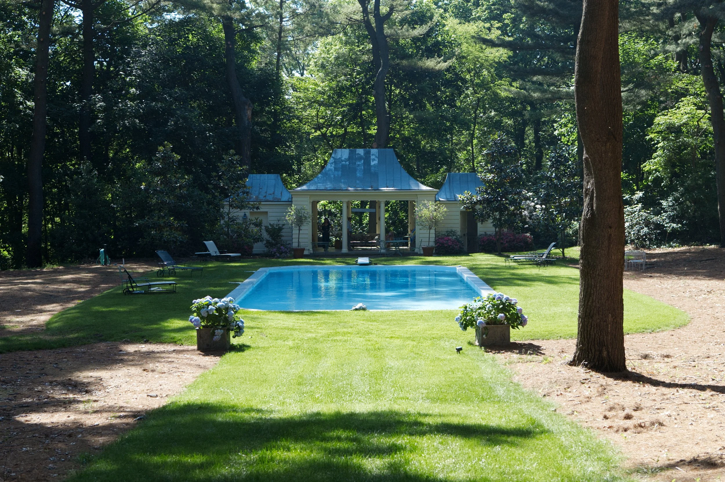 A backyard scene with a rectangular swimming pool, surrounded by green grass, potted flowers, and lounge chairs. There is a small white gazebo with a blue metal roof in the background, beneath tall trees.