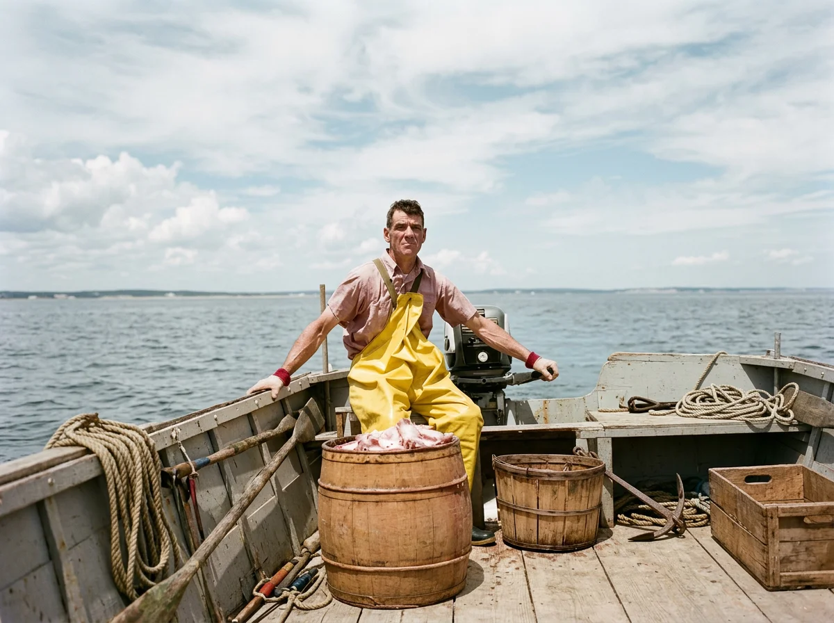 Colorized artistic interpretation of a 1957 photograph of Elliott ‘Pood’ Ricker lobstering.