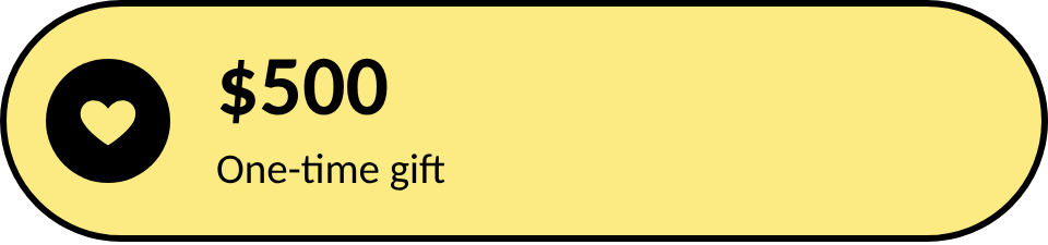 Gift card offering a one-time $500 gift, with a black heart icon on a yellow background.