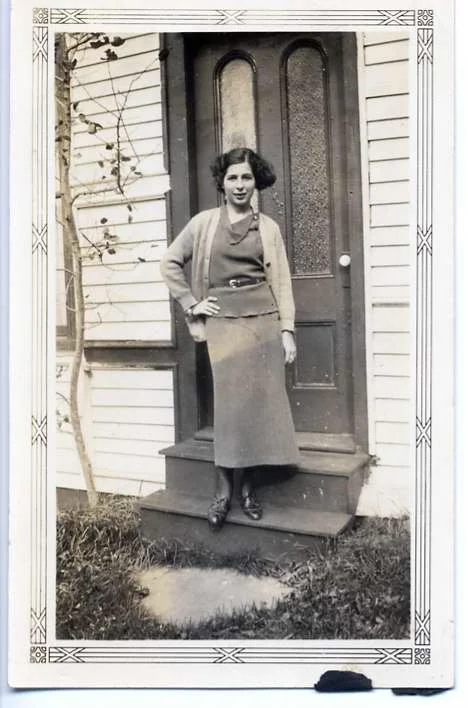 Lorraine (née Fitzpatrick) Burrows at the door of the Murphy “Box Cottage” on Fern Avenue. ca. 1930–1945. Gift of Toni O'Donnell. 2005.96.2