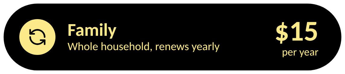 Graphic showing an annual renewal cost of $15 for a family, with a symbol indicating renewal or update, and text about a whole household renewal.