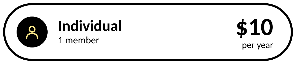 Membership fee icon with a black circle, personal icon, and membership details for individual member costing $10 per year.