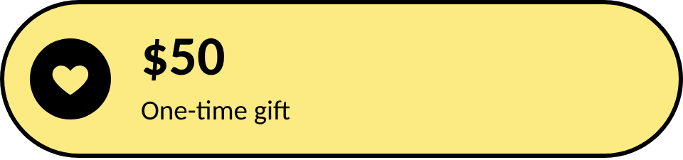 A digital gift card displaying a $50 value with a black heart icon on a yellow background, labeled as a one-time gift.