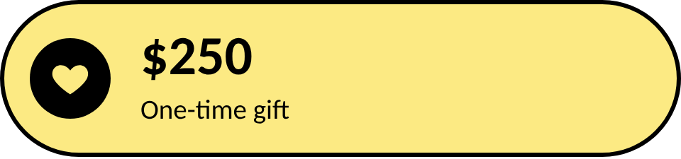 Gift card with yellow background, black heart icon, $250 amount, and 'One-time gift' text.