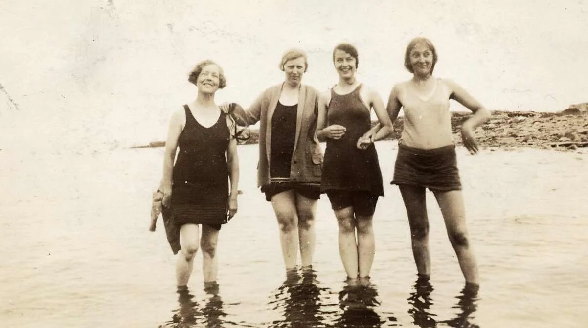 Bertha Hutchinson, Eloise “Ella” Richardson, Eleanor Stevens, and Martha (nanny for the Bergmann family) at Little Beach. c. 1939. Gift of Joanne Sharkey. 2004.13.10
