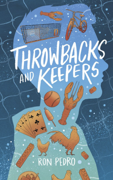 Book cover titled "Throwbacks and Keepers" by Ron Pedro, featuring nostalgic objects like a basketball, a chicken, a dog, a bicycle, a shopping cart, a hand, playing cards, a domino, and small toys on a blue background with star-like designs.
