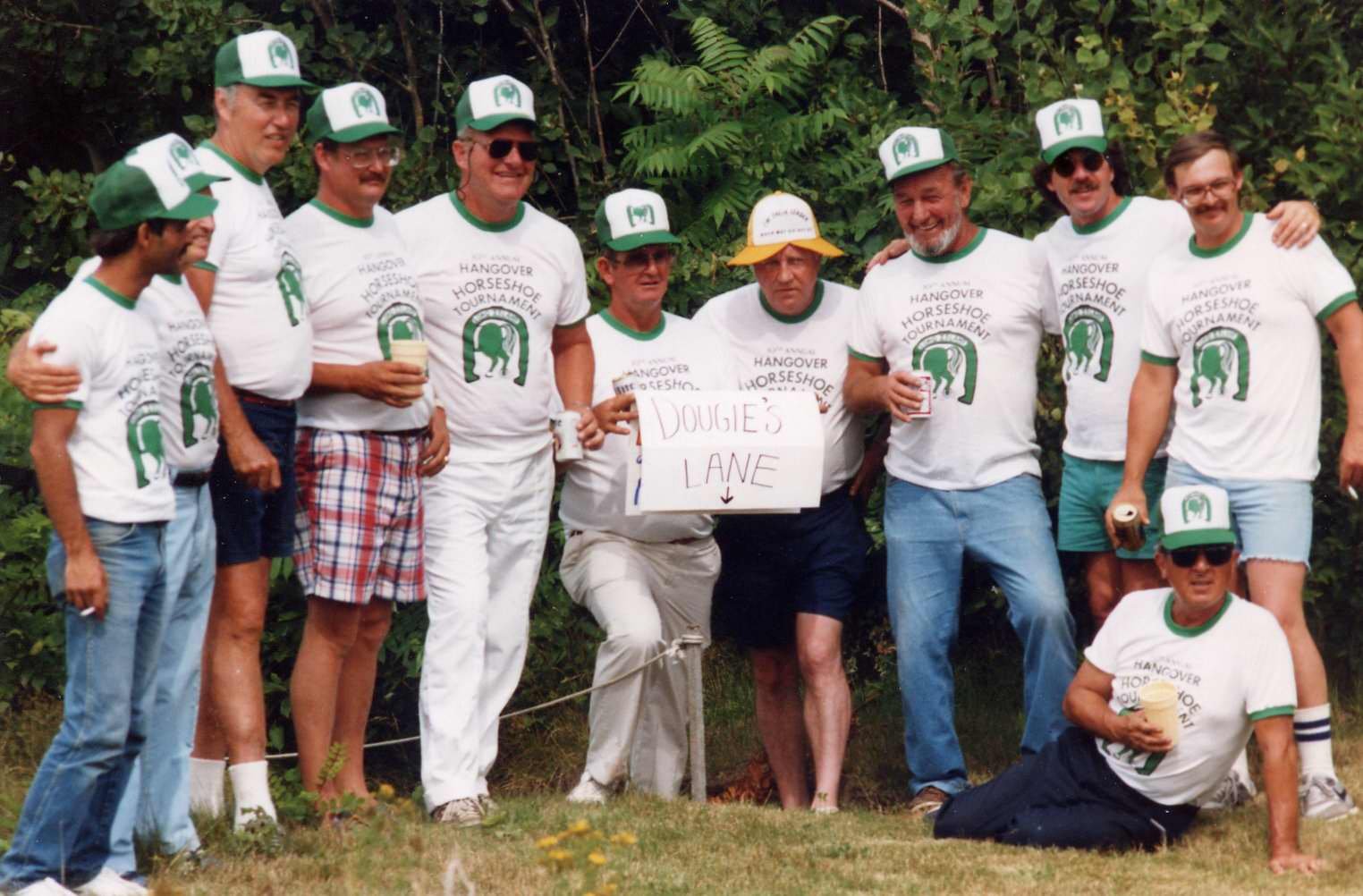 Long Island Annual Hangover Horseshoe Tournament, held the day after the V.F.W. Fair, 1980. Left to right: Ray Dagesse, Chick Calderwood, Paul Ferguson, Jim Calderwood, Bob Elder, Ronnie Peterson, Wayne Ripley, Dougie Rich, Tommy Connors, Frank Calde
