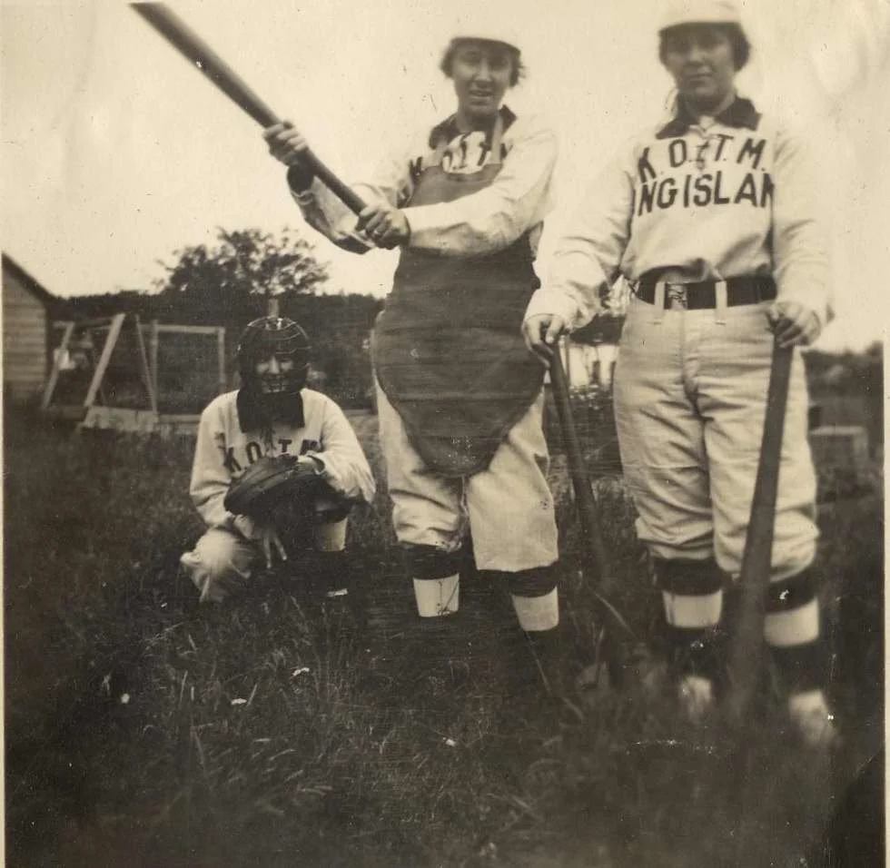 Edith Darling, Ethel Wallace, and Ethel Christiansen in Knights of the Maccabees baseball uniforms. From the Edith & David Darling Album. Gift of Laurie Wildes. 1999.44.25.A