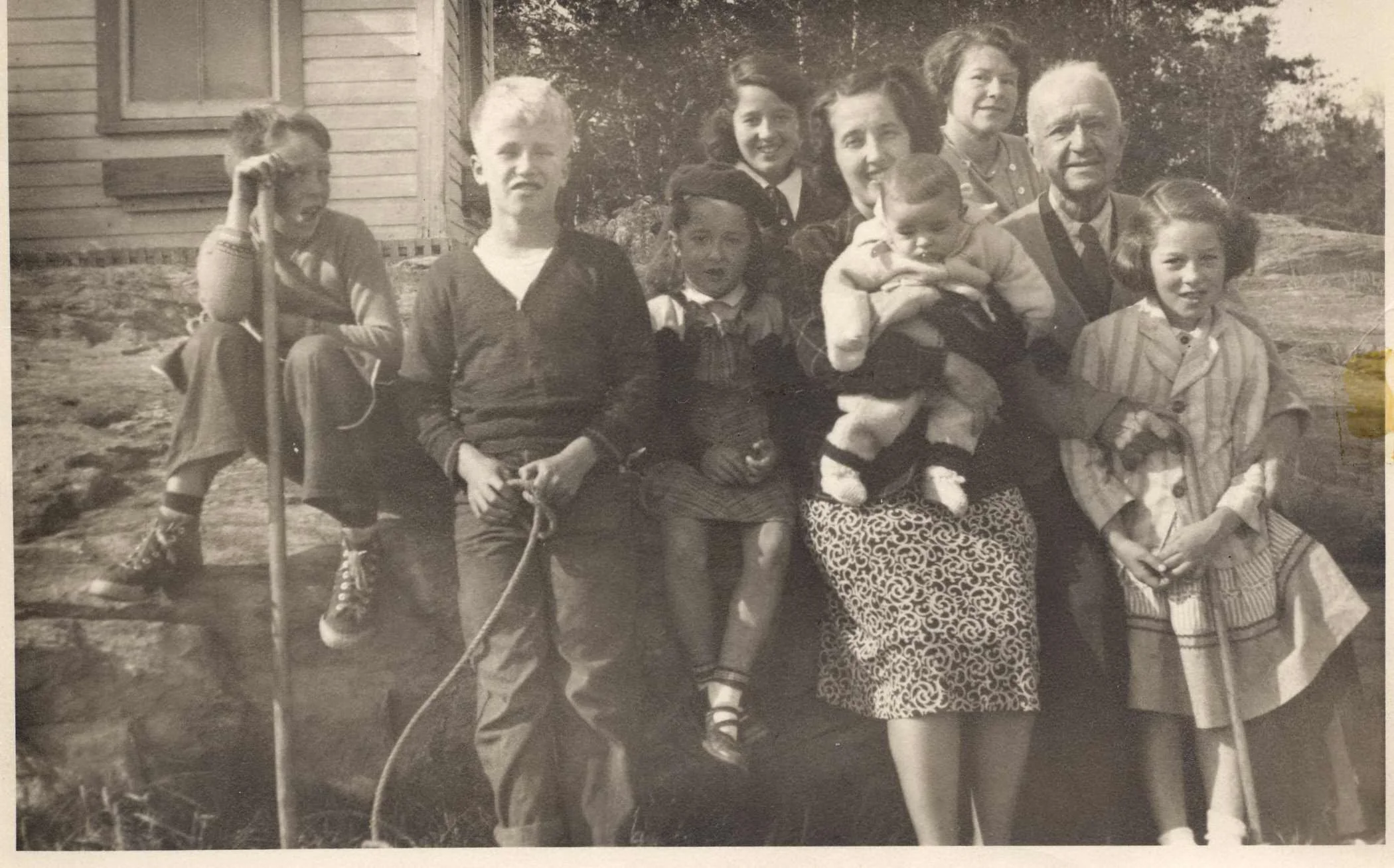 Gomez and Marchand families at South Beach, left to right: unidentified friend, Paul Marchand Jr., Carmen Gomez (Robertson), Ann Marie Gomez (Cady), Lillian Gomez with Billy Gomez, Mrs. Paul (Maureen) Marchand Sr., Paul Marchand Sr., and Roberta Gome