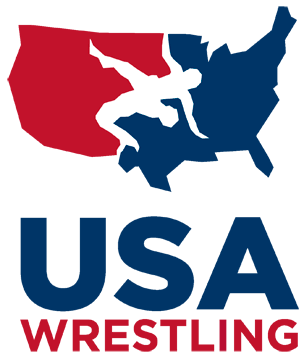 A stylized graphic of a map of the United States colored with red and blue, depicting a wrestling theme, with the text 'USA WRESTLING' below.