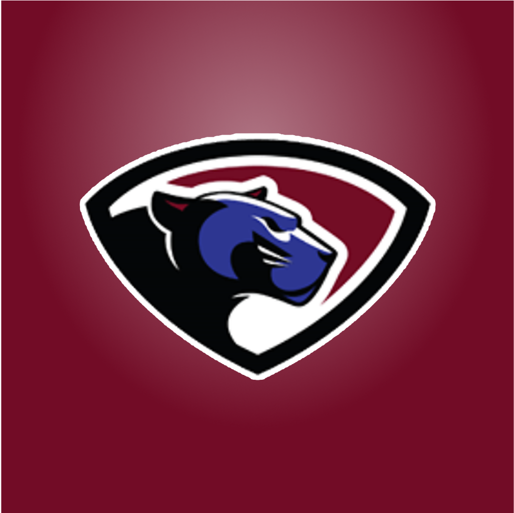 Logo of a black panther head in front of a shield shape with red and white background on a maroon background.