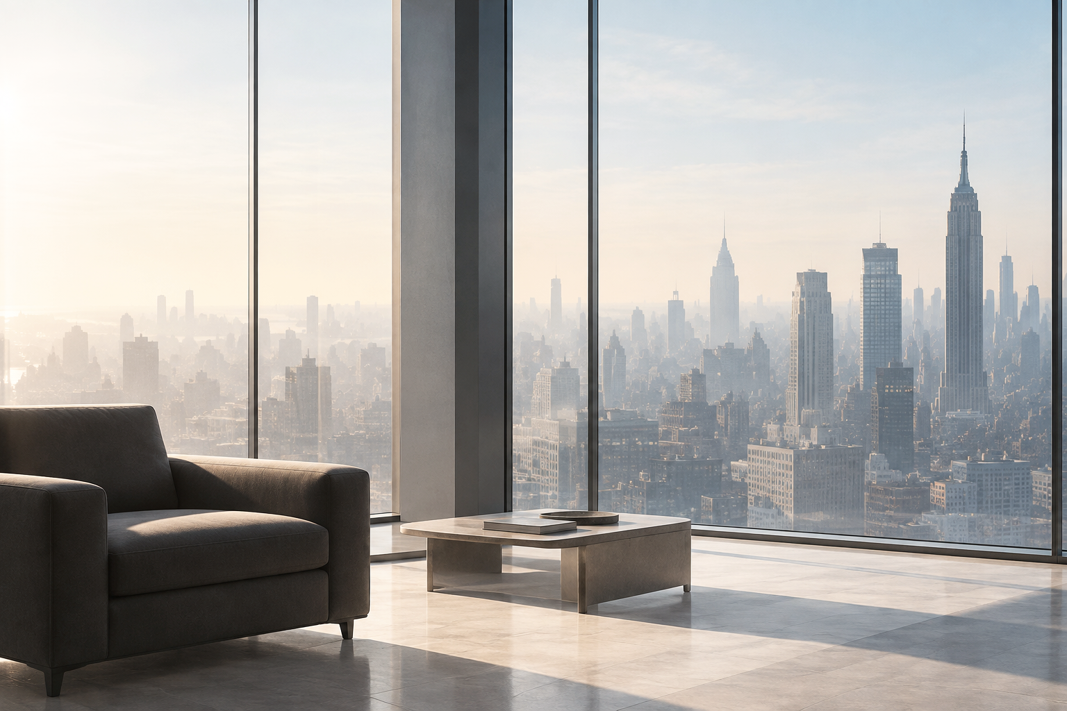 Contemporary New York office overlooking Manhattan, reflecting Heidi A. Lawson PLLC's US legal and strategic advisory practice.