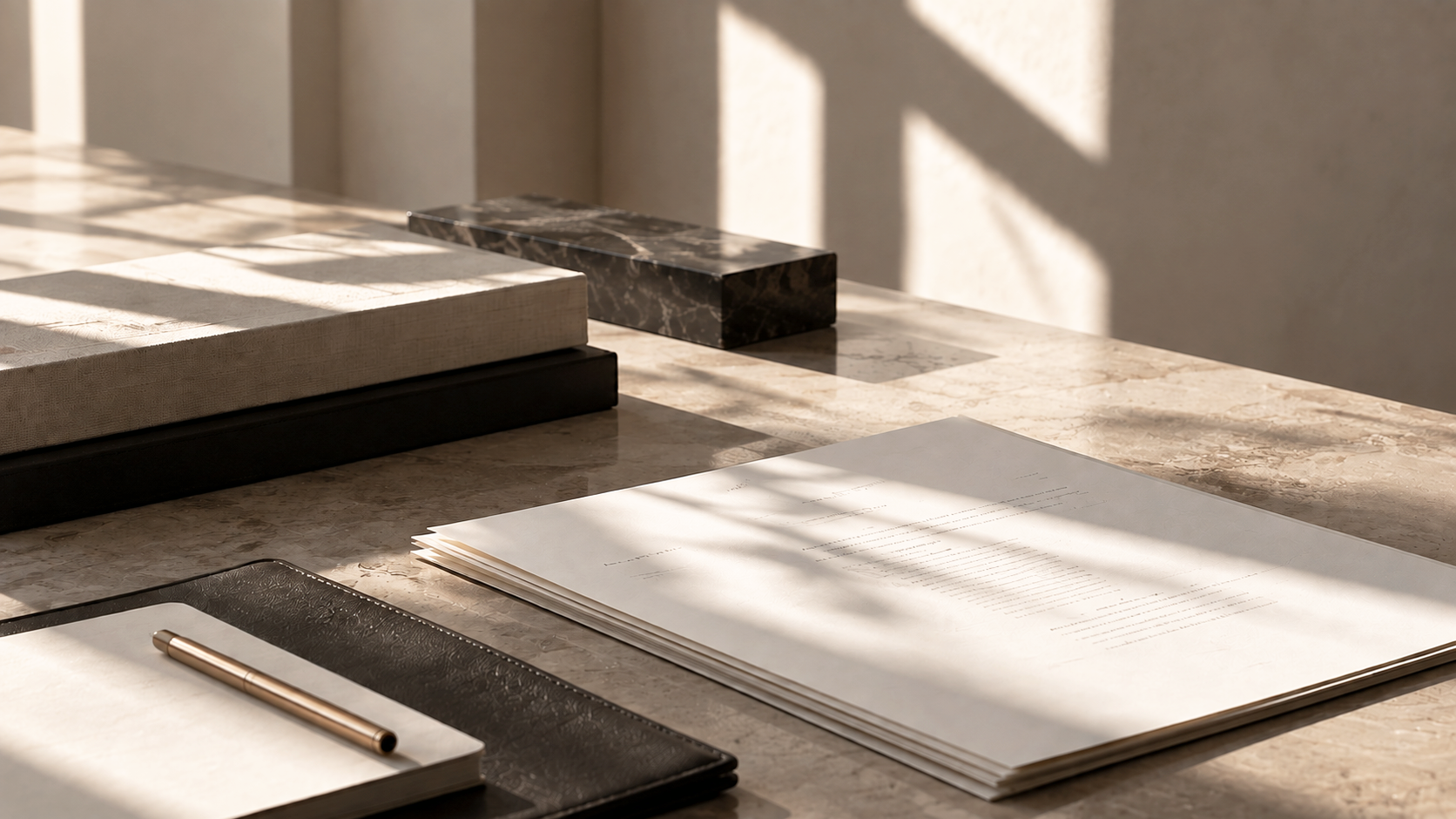 Professional workspace with documents and notebooks representing complex legal, regulatory, risk and strategic advisory work.