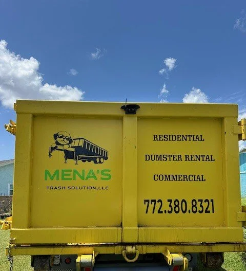 Yellow dumpster with MENA'S Trash Solution LLC logo, phone number, and services listed: Residential, Dumpster Rental, Commercial.