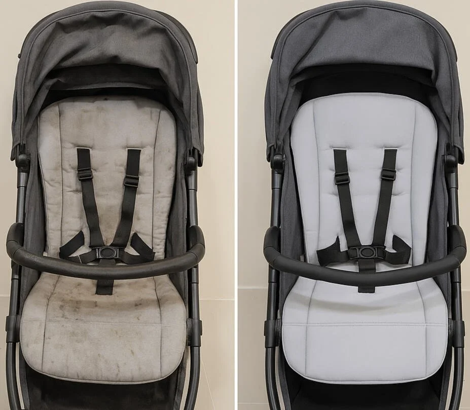 Comparison of a dirty and cleaned baby stroller seat, showing before and after cleaning.