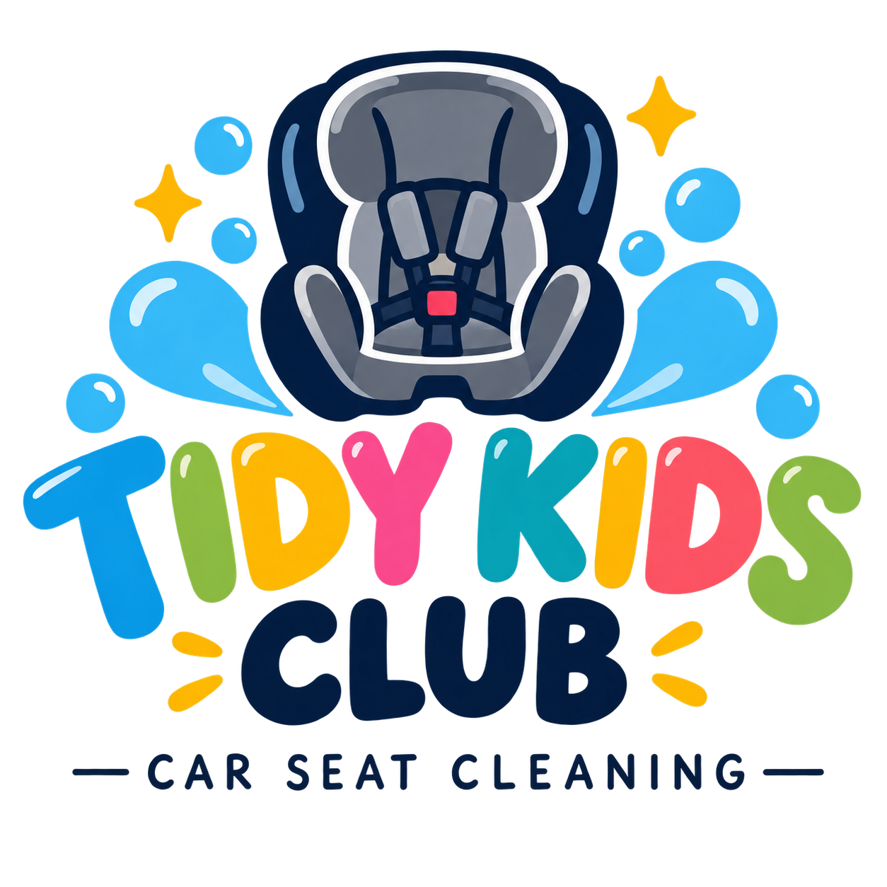 Colorful logo for Toy Kids Club with an illustration of a car seat and bubbles, and text reading "Toy Kids Club" and "Car Seat Cleaning."