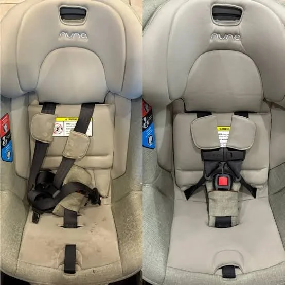 Comparison of a dirty and a clean gray child car seat, showing the before and after cleaning condition.