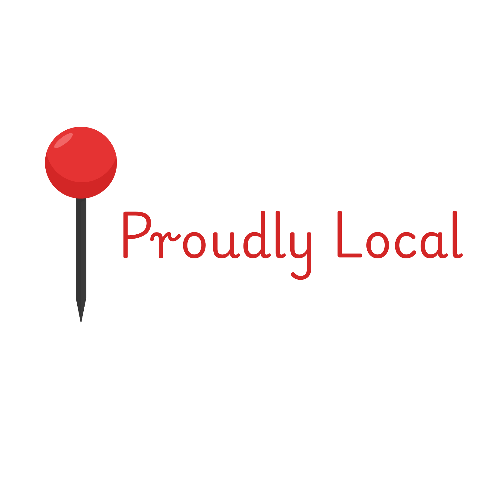 A logo with a red pushpin and the words "Proudly Local" in red text.