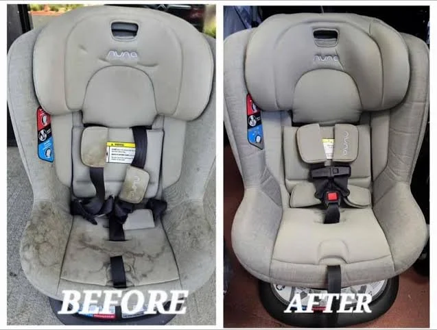 Comparison of a beige child car seat before and after cleaning. The before seat appears dirty and stained, while the after seat looks clean and refreshed.