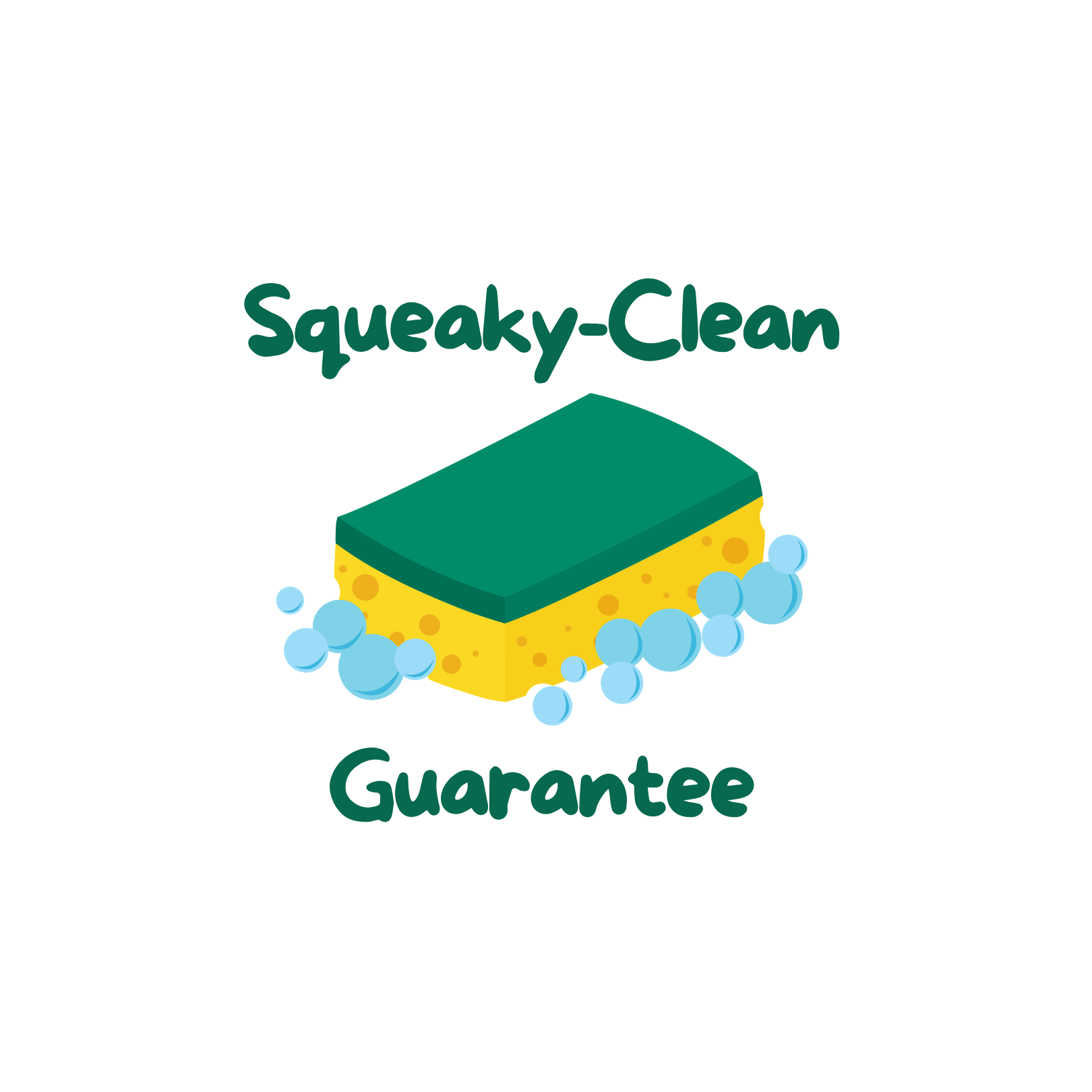Illustration of a yellow sponge with a green scrub pad on top, surrounded by soap bubbles, with the phrase "Happy Cleaning" above it.