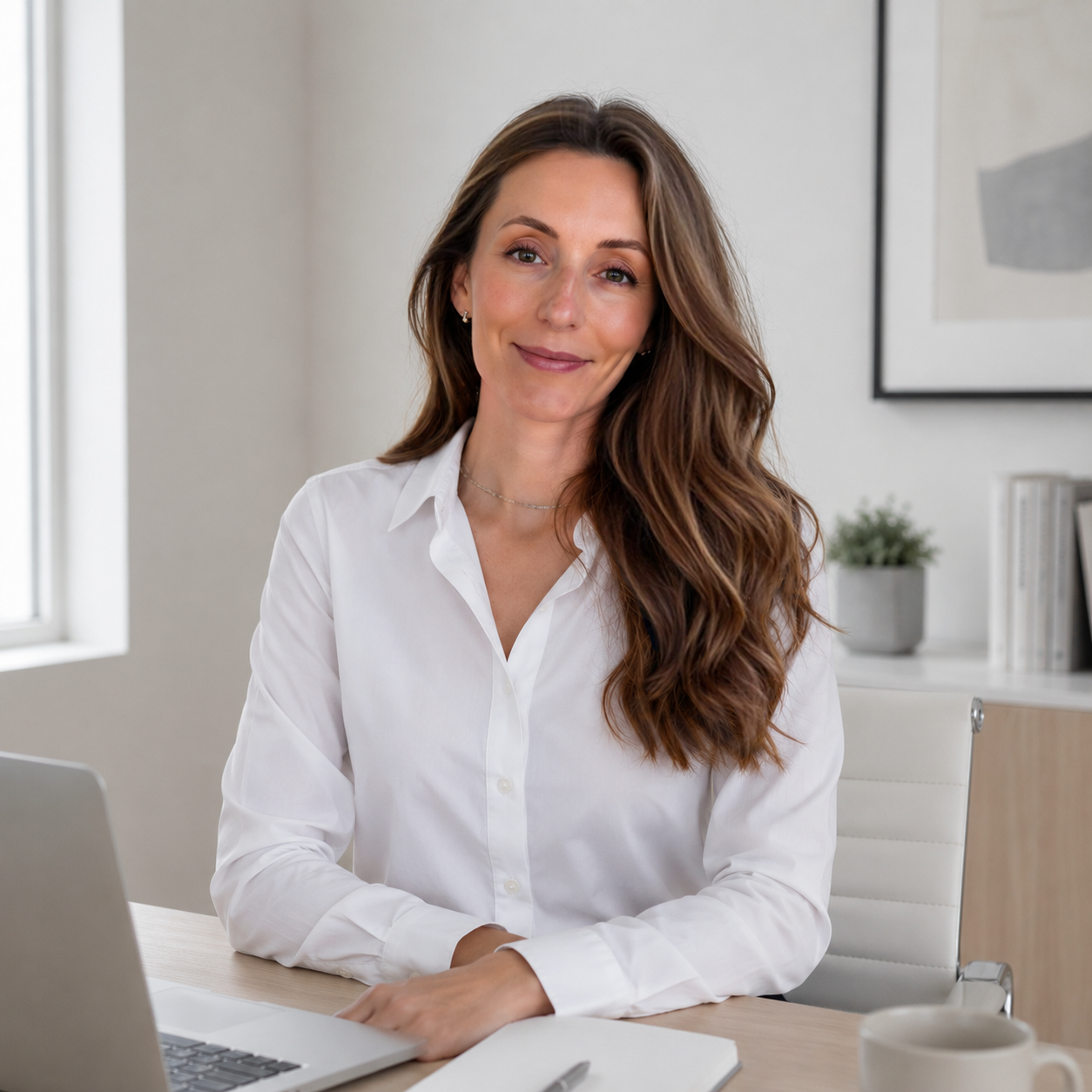A woman with long brown wavy hair smiling in an office, wearing a white button-up shirt, sitting at a desk with a laptop and a notebook.