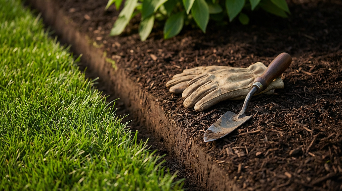 Lawn and garden bed with gloves and gardening trowel on soil