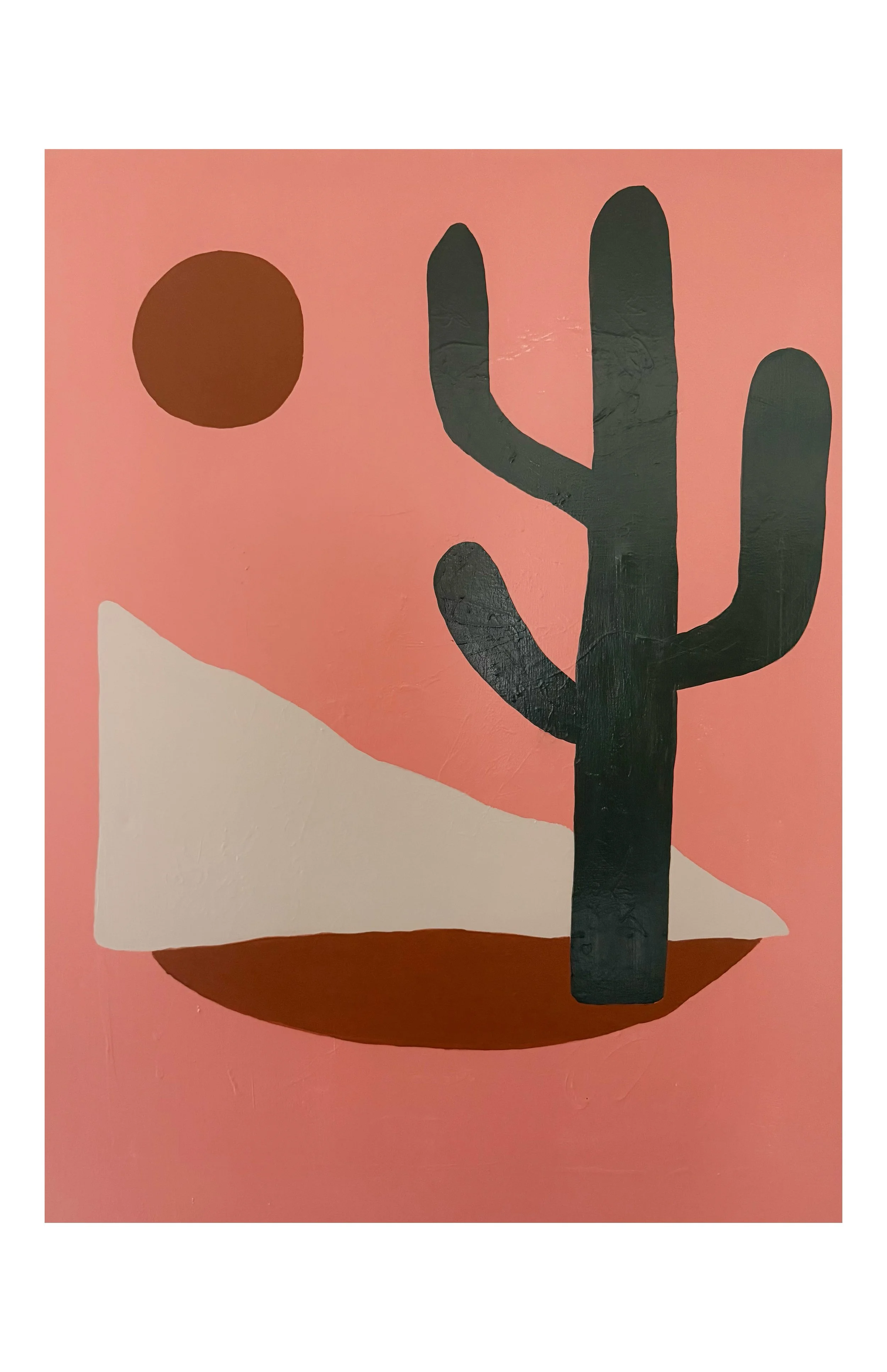 DESERT SILHOUETTE

A minimalist interpretation of the desert landscape, Desert Silhouette combines a bold cactus with abstract mountains and a warm setting sun. Its coral, cream, rust, and deep green palette creates a quiet, contemporary atmosphere i