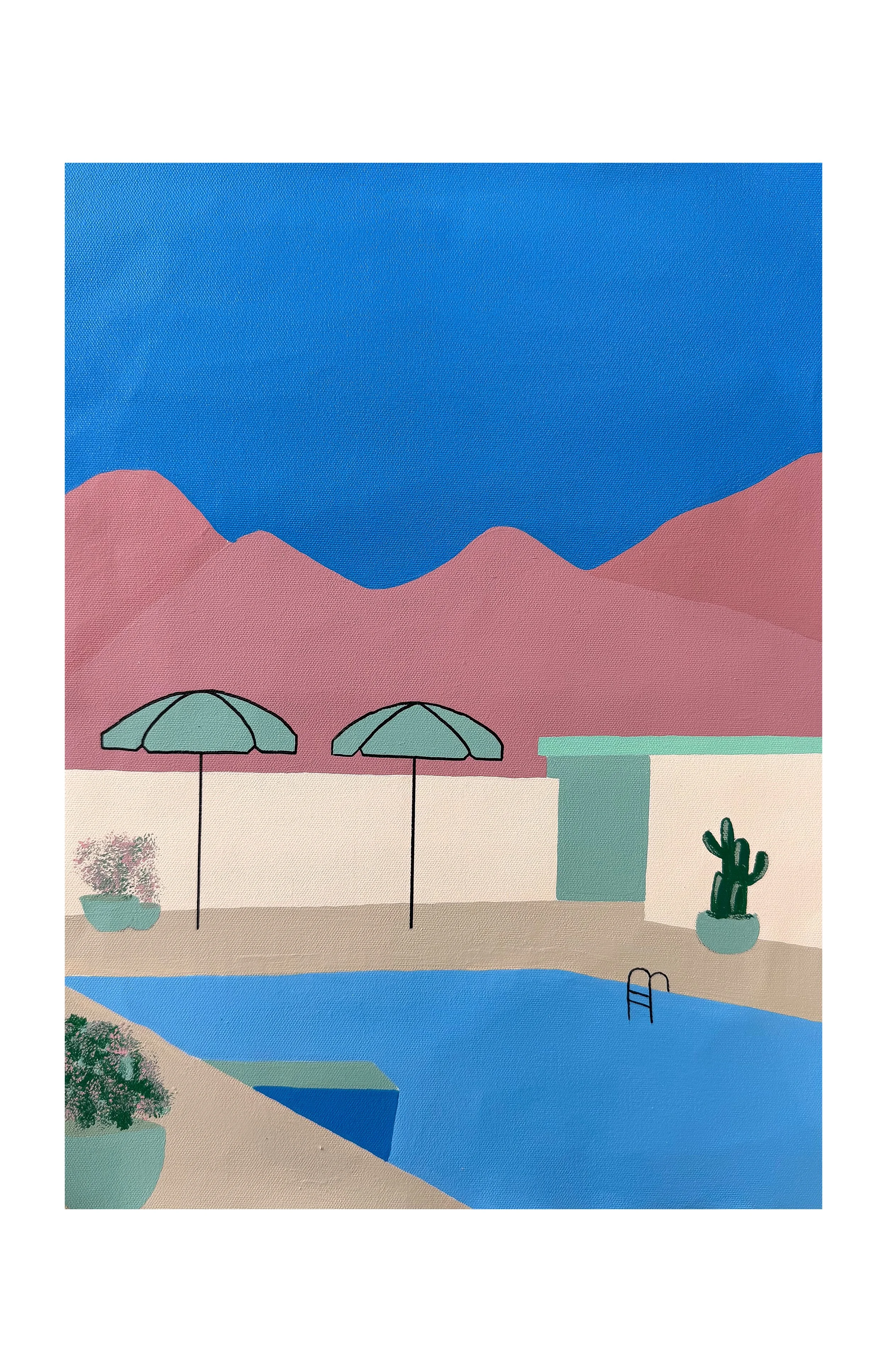 DESERT BLUE 

Inspired by the colors of Palm Springs, Desert Blue brings together deep blue skies, soft pink mountains, turquoise water, and clean architectural forms. A playful interpretation of desert living and the quiet beauty of a California aft