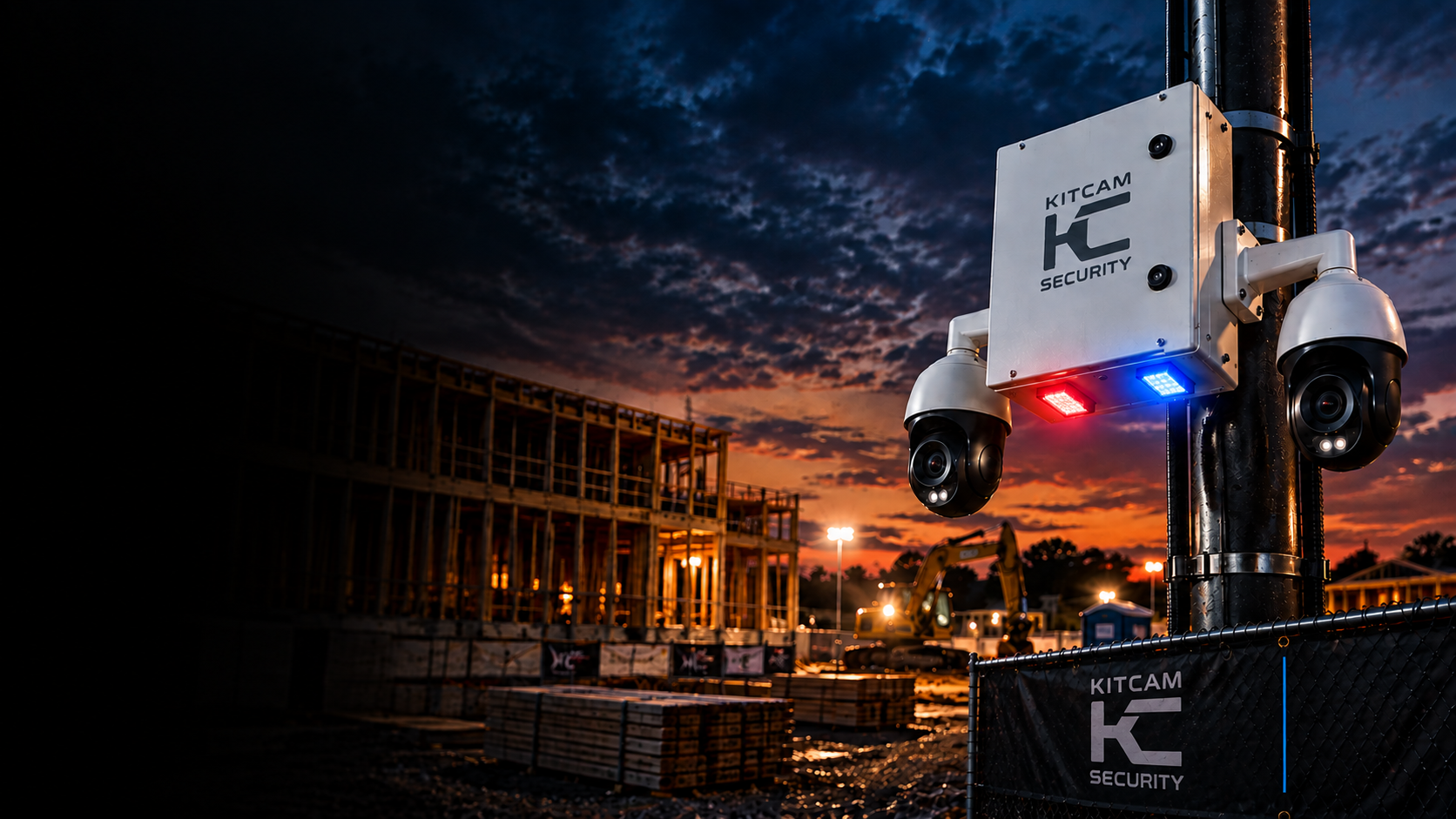 Security cameras with flashing red and blue lights mounted on a pole at a construction site during sunset.