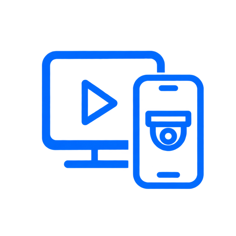 Blue neon icon of a computer monitor with a play button on the screen and a smartphone with an ID badge displayed.