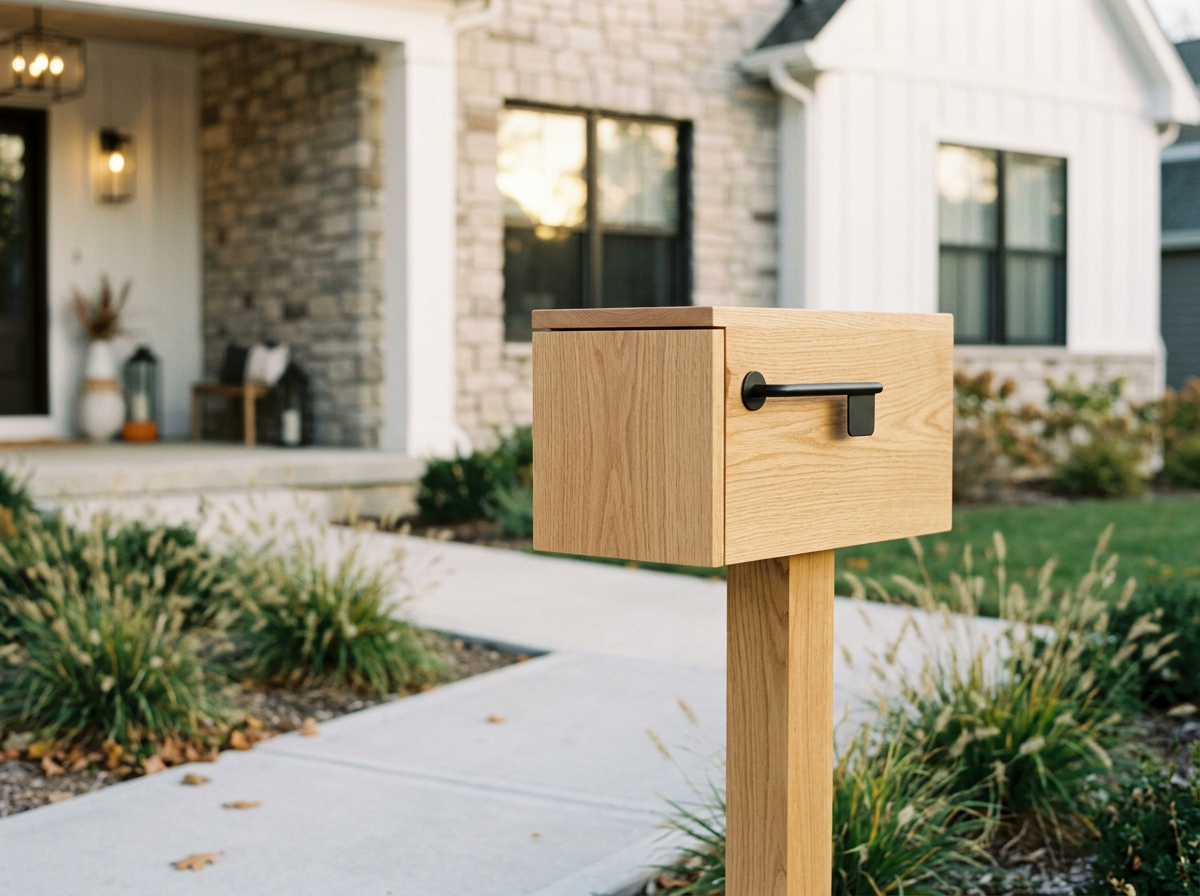 A wooden mailbox mounted on a wooden post in front of a suburban house with a brick and siding exterior, a front porch, plants, and a walkway.