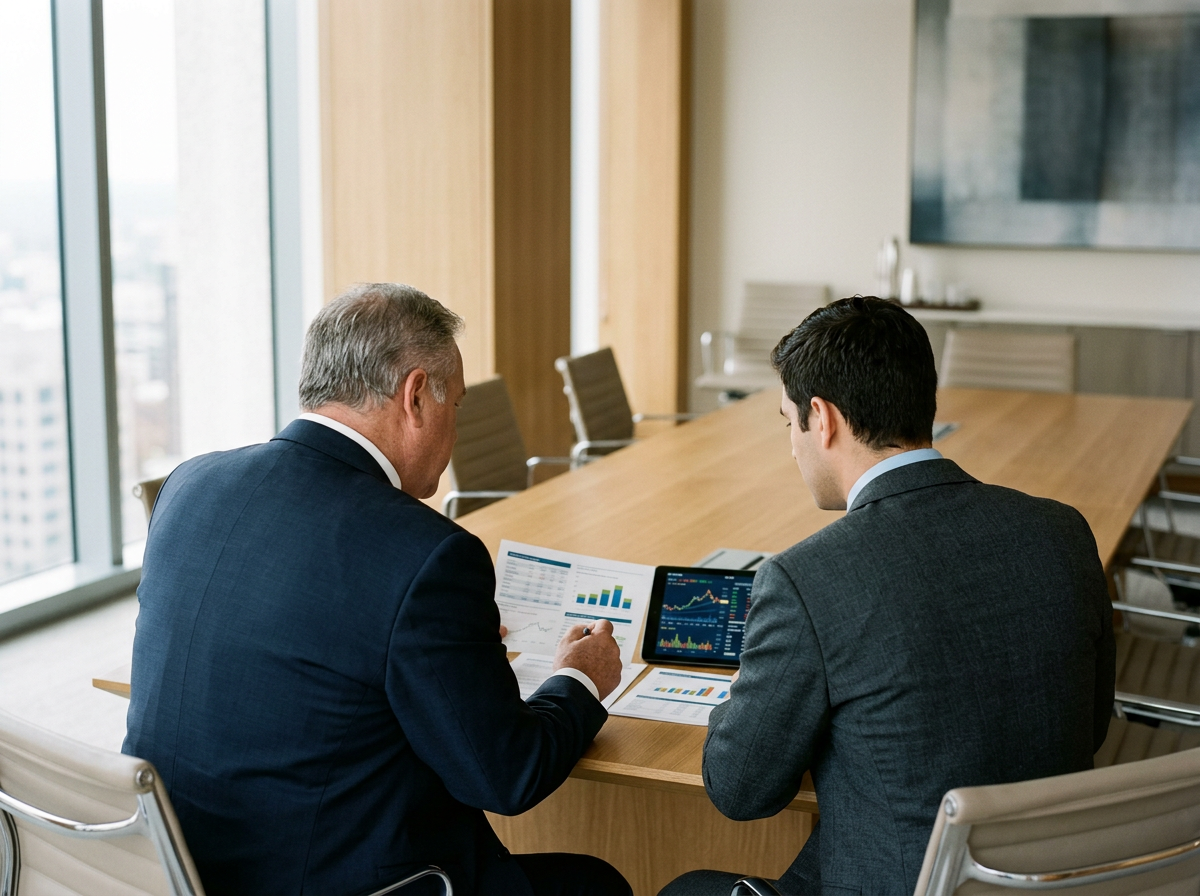 A financial planning expert sitting at a conference table with a client, giving a second look at the client's investment portfolio, in a modern office with large windows.