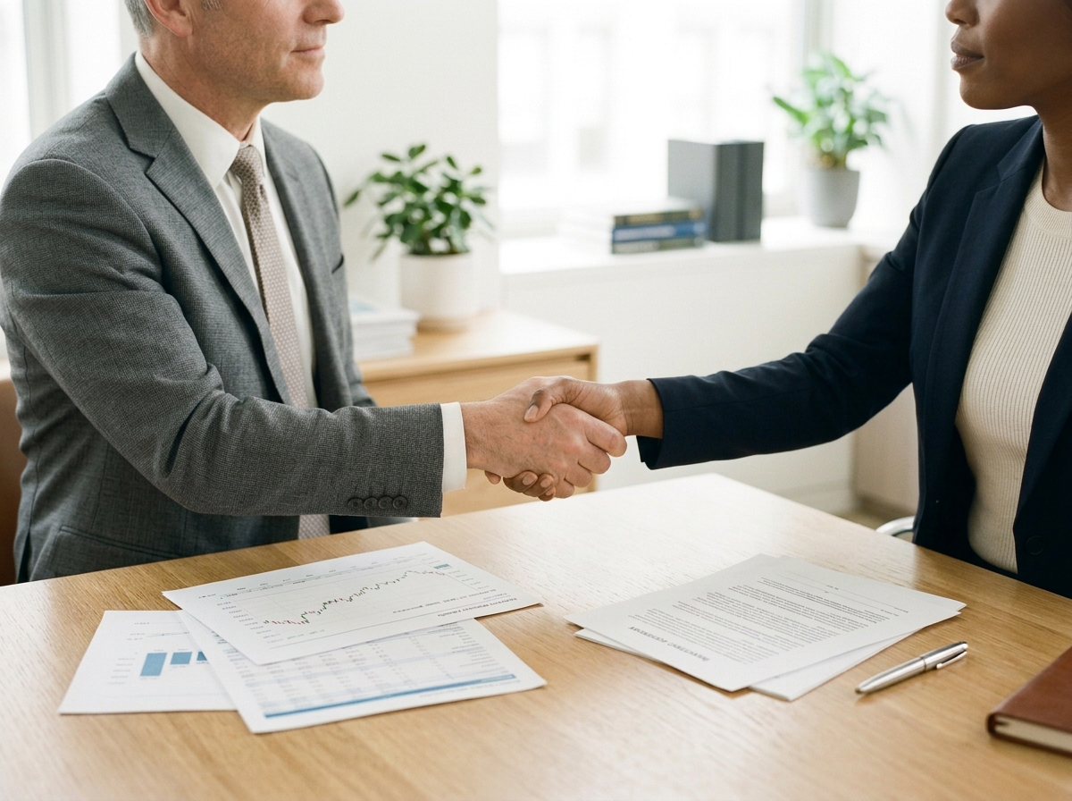 A financial advisor shaking hands with a client over a desk with documents, charts, and a pen, in an office setting.