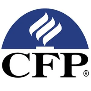 Certified Financial Planner logo with a blue half circle, white steam rising from a cup, and bold black letters 'CFP'