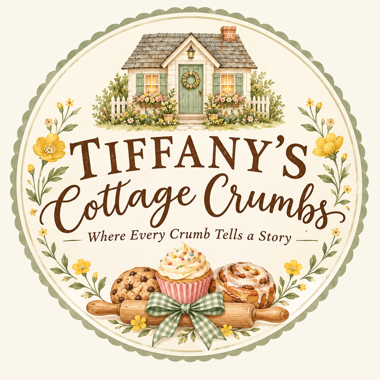 Decorative circular label for Tiffany's Cottage Crumbs, featuring a cozy cottage with greenery, flowers, and a wreath on the door at the top. Below, there are cookies and a cupcake with white frosting and colorful sprinkles, tied with a green checkered ribbon on a rolling pin. The text reads: "Tiffany's Cottage Crumbs" and "Where Every Crumb Tells a Story." The border is scalloped and adorned with small yellow flowers.