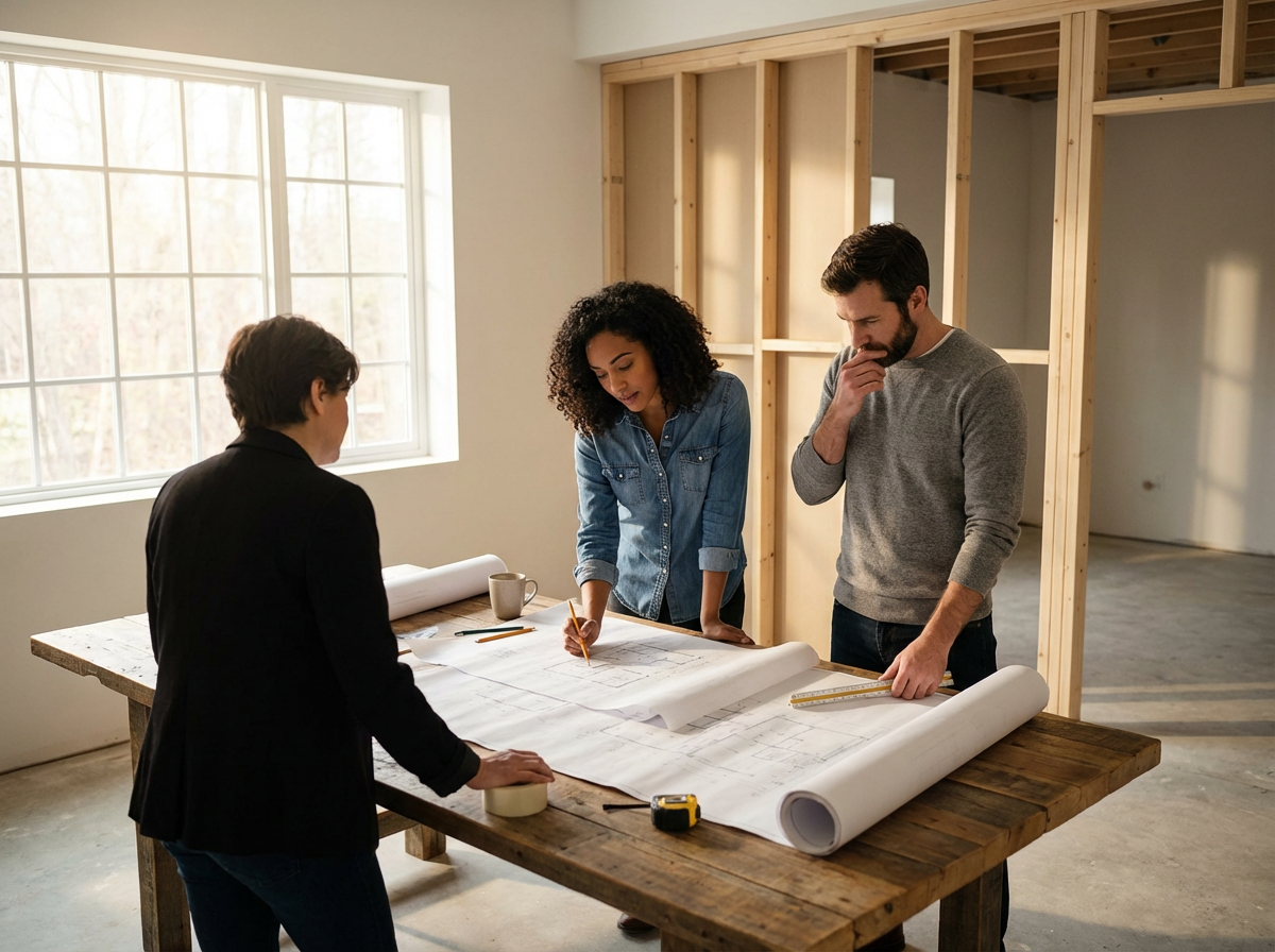 Three people reviewing architectural plans on a large wooden table, with a partially built wall in the background, in a bright room with large windows.