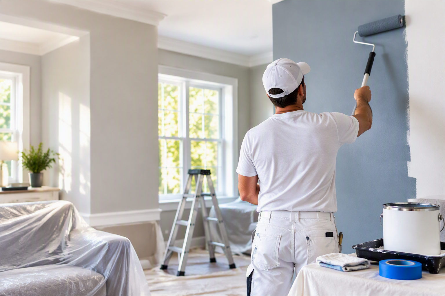 A man painting a wall with a roller brush in a room with large windows, a stepladder, and furniture covered with plastic for protection.