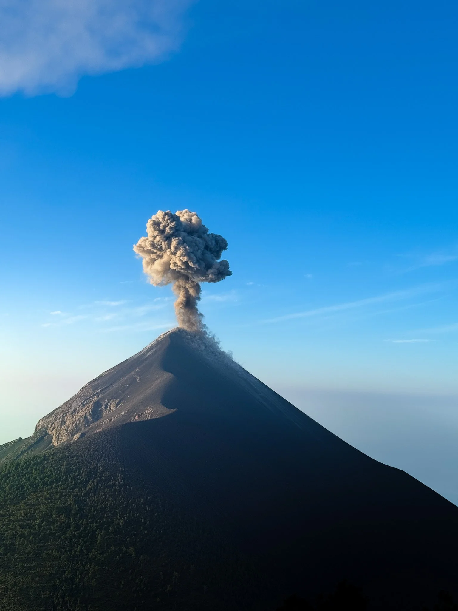 Mountaintop volcano emitting a large plume of ash and smoke into the clear blue sky.