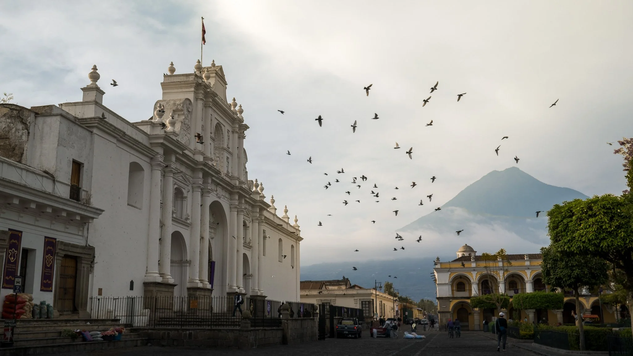 White colonial-style building with decorative elements, a flag on top, and a flock of birds flying in the sky near a mountain in the background.