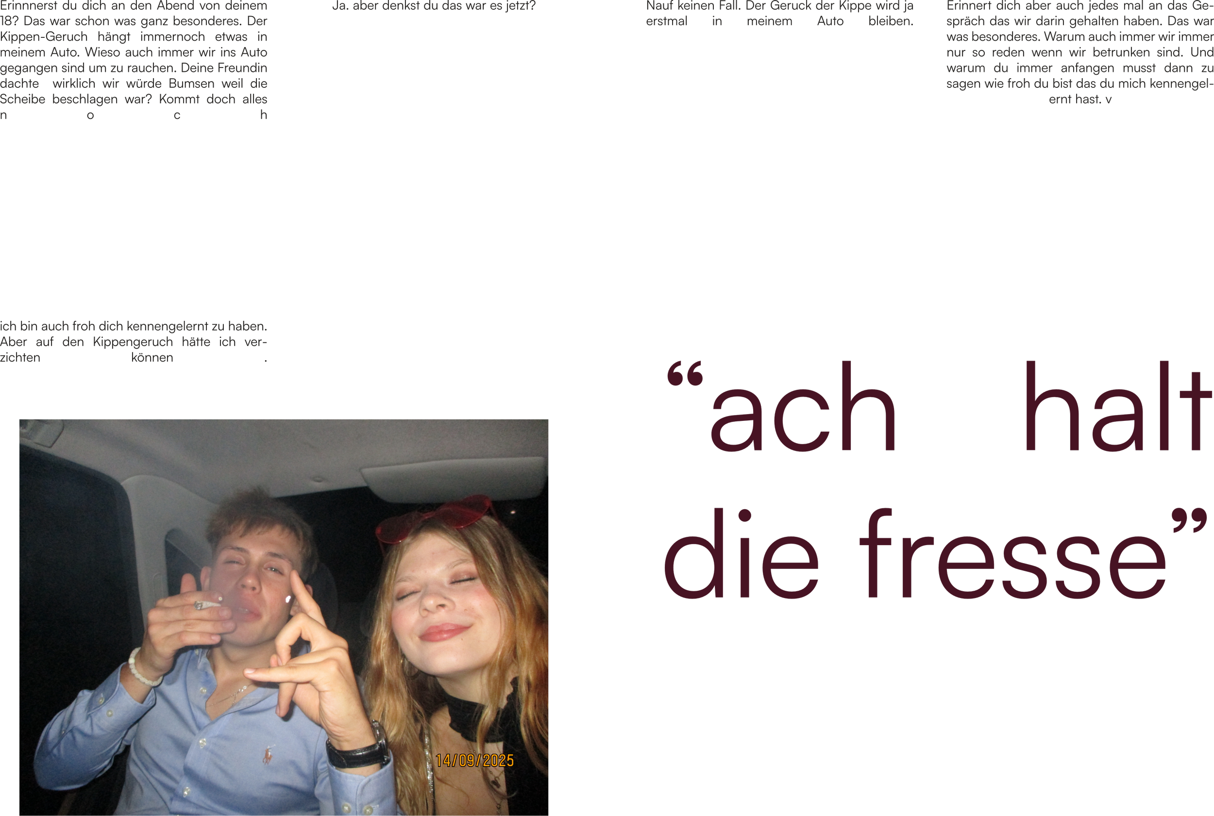 Zwei Jugendliche, ein junger Mann und eine junge Frau, sitzen im Auto und posieren für das Foto. Der junge Mann macht eine Handgeste, während die junge Frau lächelnd mit geschlossenen Augen sitzt. Das Datum auf dem Bild ist der 14. September 2025.