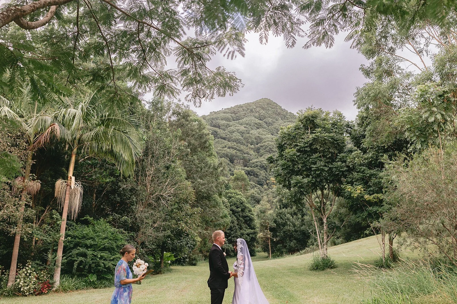 Wide view of the ceremony in the hinterland valley, Kobi and Darren's elopement at Butterfly Lane, Byron Bay hinterland