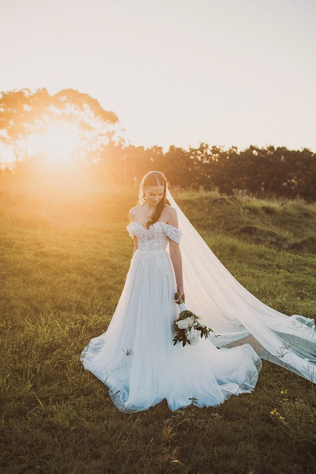 Bride in a long veil in the golden sun, Steph and William's wedding at Earth House, Byron Bay
