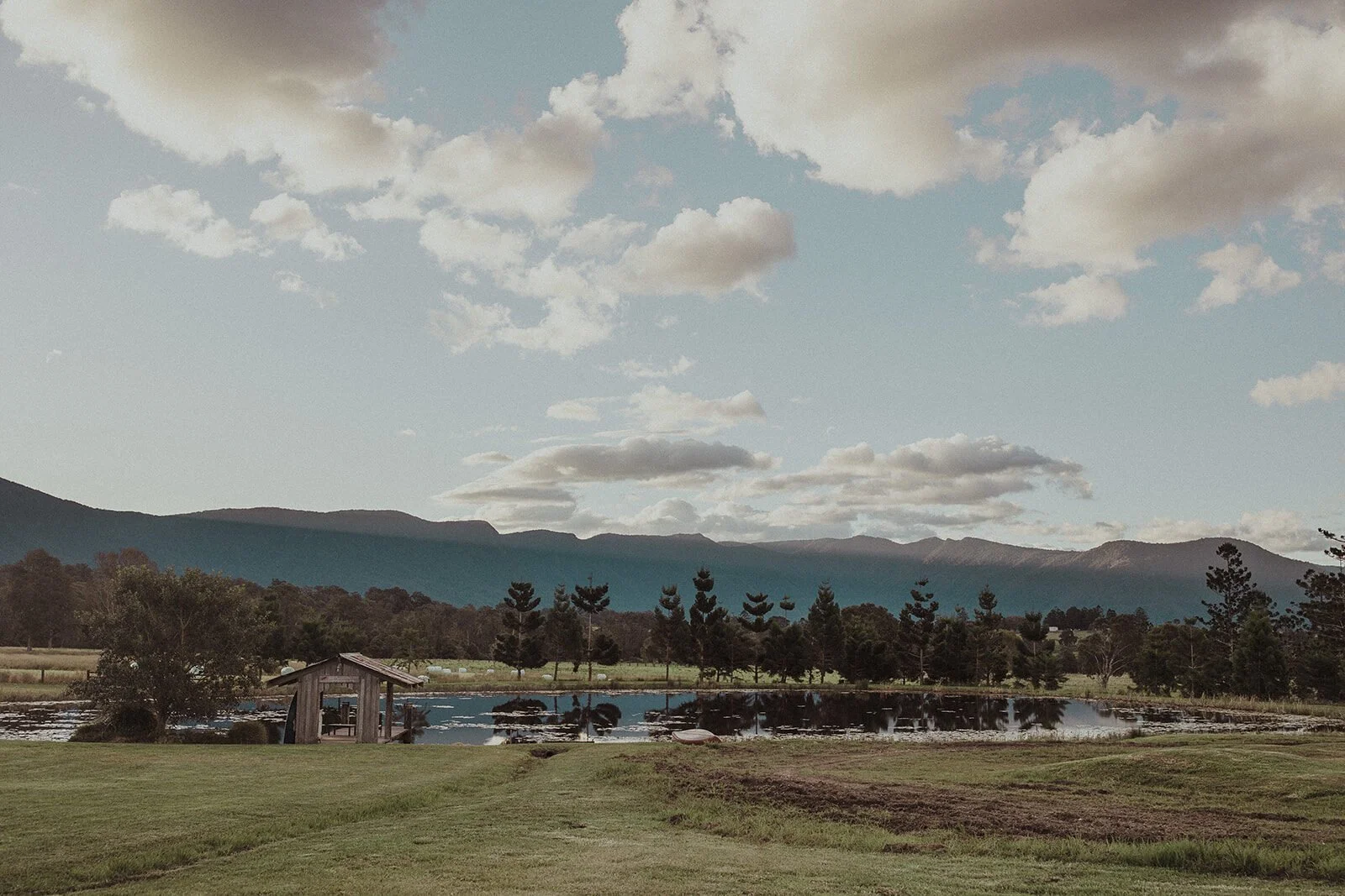Dam and farm shed with mountains at dusk, Sam and Tom's elopement at Highfield Farm, Northern Rivers
